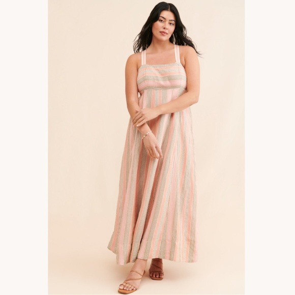 Anthropologie Maeve Square-Neck Tie-Back Maxi Dress Pink Stripe Linen Size 6 - Picture 7 of 16